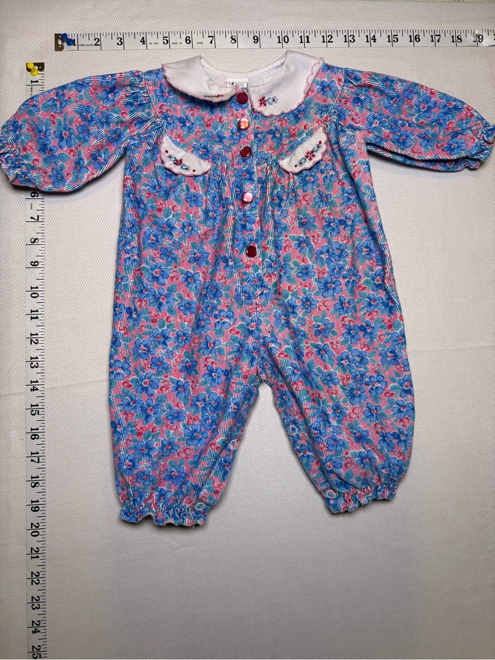 Vintage Unknown Brand Floral Corduroy Baby Romper 3–6M / Approx 6–9M
